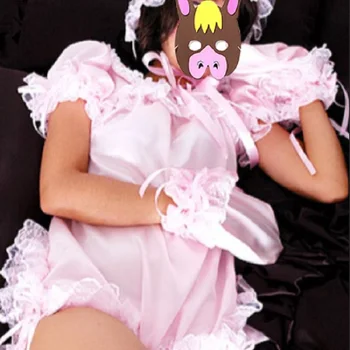 Секси неженатый бяло-розов сатен, гащеризон, шапка, ръкавици, бахилы, сладък украшение мома, индивидуален чар, костюм за Хелоуин