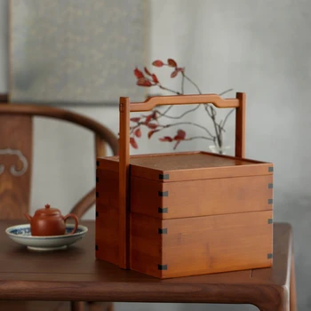 Бамбук Кутия За съхранение на Чай от Сервиза В китайски стил, двупластова Кошница от Кутията за Чай прибори, Чаен Поднос, Китайска Кутия за съхранение на Закуски