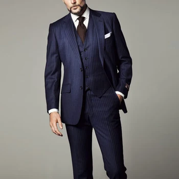 Официални мъжки костюми в тъмно-синята ивица за вашата сватба, за бизнес вечеря, смокинг младоженеца-3 предмета (яке + жилетка + панталони) Съвременен дизайн