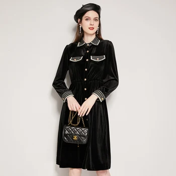 ZUOMAN Женски есенно-зимния елегантна бархатное рокля-риза с високо качество за коктейльной партита, женски винтажное дизайнерско черна рокля
