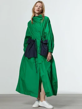 Пролетно-есенен удължен зелен тренч оверсайз за жени с големи джобове на съвсем малък, луксозен дизайнерски дъждобран, мода 2023 година