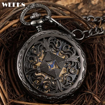 Механични джобен часовник с римски цифри, антикварни реколта черни кухи часове-ключодържател в стил steampunk с виртуален скелет, верига за мъже, дамски колекция