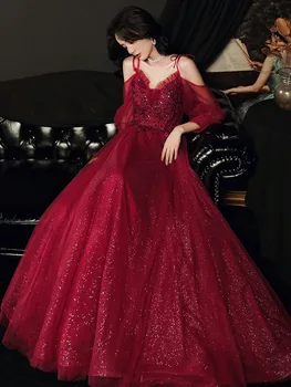 Елегантна бордовое тюлевое вечерна рокля трапецовидна форма на спагети презрамки с отворен гръб с дължина до пода, вечерни рокли за партита, дамски дрехи, за тостер