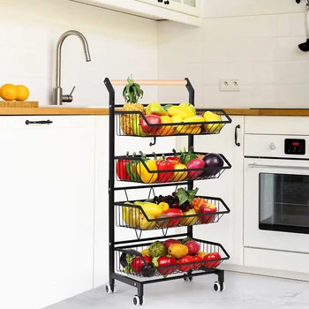 4-степенна кошница за съхранение на плодове и зеленчуци, количка количка с дръжка, черен кухненски остров маса