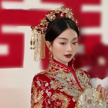 Прическа на булката, китайски перли, червено цвете, Реколта атмосфера, а шапката, Феникс, сватбена шоу, рокля, Аксесоари за коса, модни дрехи за коса
