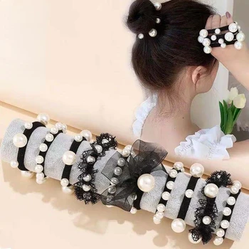 Корейски тенденция Перла, безшевни черна лък въже за коса Дантелено пръстен за коса дъвка Модни прости аксесоари за коса за възрастни, деца, момичета