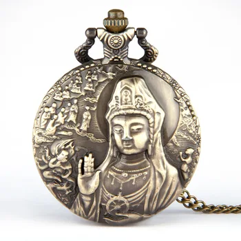 Реколта луксозни кристални джобен часовник с изображение на Буда за мъже и жени, ключодържател с лазерно гравиран, верига, бронзови часовници за колекция