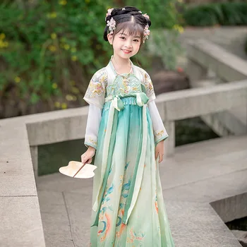 Китайски традиционен костюм в китайски стил, древни зелени Hanfu за малки момиченца, дрехи за cosplay източна феи, дрехи за сценични танци