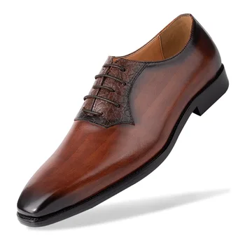 Мъжки обувки Кафява, два цвята Oxfords от телешка кожа с принтом, форма на бадем чорап, Синтетична Подметка, Ежедневни Облекла, Сватбена Работа, Офис, Socail Homme