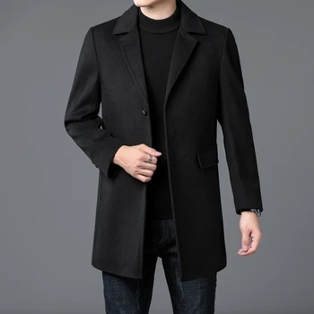Английското стилно мъжко черно-сиво палто от вълна от овце и яка, однобортное кашемировое палто, мъжки класически дрехи 2023