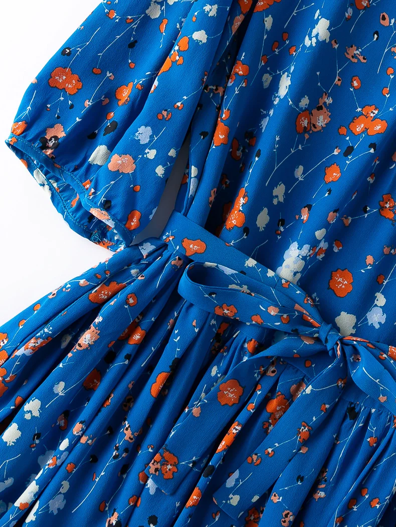 SuyaDream Дамски дълги рокли от 100% естествена коприна тутового цвят с флорални принтом, с кръгло деколте и колан, синя рокля 2023, пролетно-лятна празнична облекло