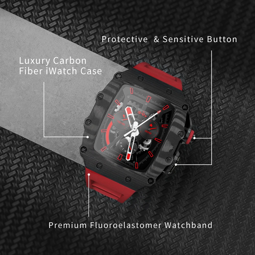 Комплект модификация корпус от въглеродни влакна RM Style За Apple Watch 45 мм 44 ММ 8 7 6 5 4 SE Гумена каишка от Флуор За iWatch Refit министерството на отбраната Kit