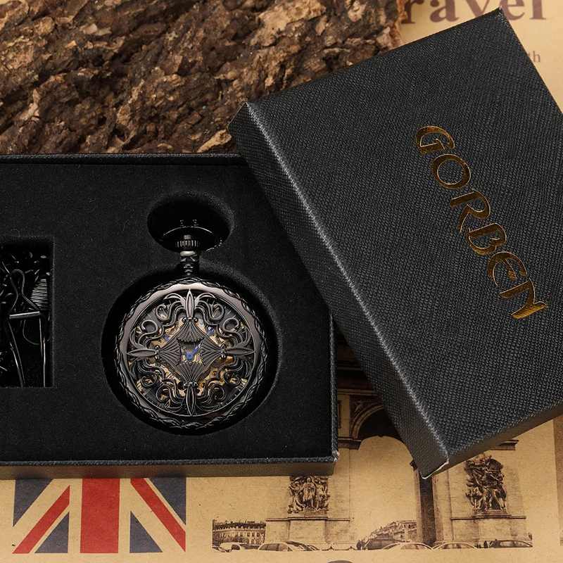 Механични джобен часовник с римски цифри, антикварни реколта черни кухи часове-ключодържател в стил steampunk с виртуален скелет, верига за мъже, дамски колекция