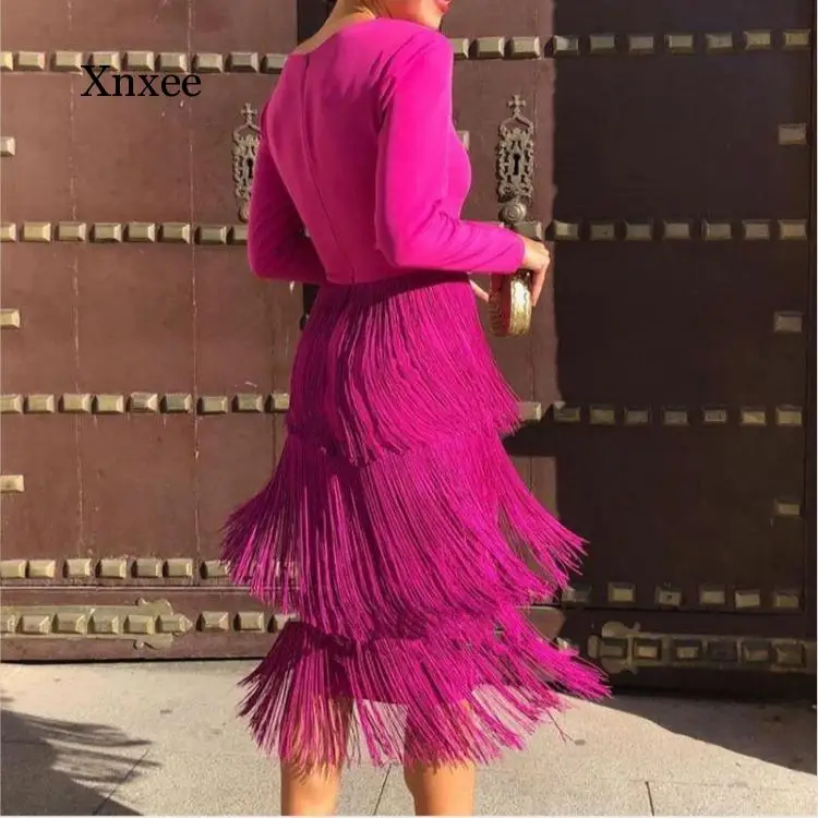 Розово-червено женствена рокля миди с дълги ръкави и пискюли, дълбоко V-образно деколте, секси мозайка рокля с цип, дамска мода на изход, пролет 2020, новост