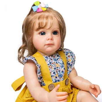 55 СМ Возрожденный бебе Маги, силиконова момиченце, принцеса, ръчно рисувани, вкоренени кестенява коса, водоустойчива играчка за бебе