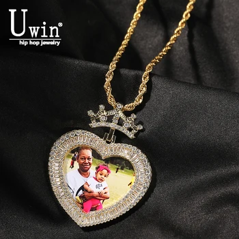 Uwin Короната на Сърцето Custom Снимка Медальони на паметта Медальон с изображение на Огърлица за жени с кубическим цирконием в стил хип-хоп Бижута