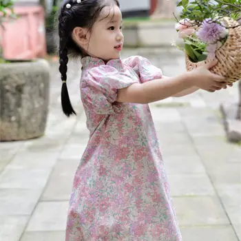 Рокля ципао за момичета в летен стил Panda Baby, новост 2023 г., със стилен ръкав-мехурчета и модерни флорални мотиви Hanfu