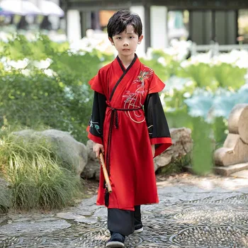 Детски червен костюм Hanfu с бродерия за момчета в стил Тан, древния костюм в китайски стил, традиционна бебешко облекло за сцена