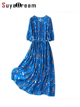 SuyaDream Дамски дълги рокли от 100% естествена коприна тутового цвят с флорални принтом, с кръгло деколте и колан, синя рокля 2023, пролетно-лятна празнична облекло