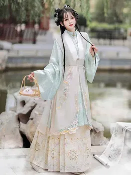 Пола Hanfu с конете муцуна, женски костюм за cosplay на Хелоуин, китайски традиционен ретро Hanfu, летен розово и зелено Hanfu, 3 бр., конче муцуната