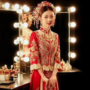 Традиционен китайски стил, бродирани фениксом облекло за наздравици, женски сватбена рокля, пайети, beading, четката, Чонсам