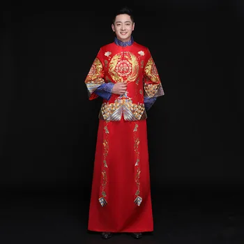 мъжки червен чонсам, костюми за наздравици, е роклята на булката, яке, дълга рокля, сватбена ципао в традиционен китайски стил, мъжки костюм с бродерия тан