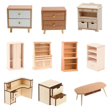 Комплект мебели за куклена къща в мащаб 1:12, рафт за шкаф, дървени шкафчета, комбиниран комплект