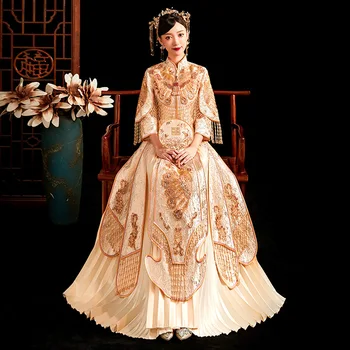 Ретро китайското изискана стилна сватбена рокля с пискюли Омъжи Рокля цвят шампанско с традиционна бродерия за булката и младоженеца, Сватбена рокля