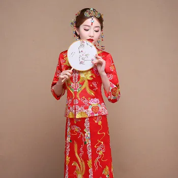 Висококачествено прекрасна винтажное традиционното китайското сватбена рокля Рокли Qipao в голям рубчик, червен дизайн на китайската търговския бродерия