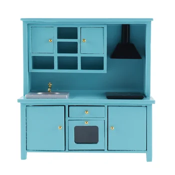 Шкаф за дървени мебели в мащаб 1/12 с мивка, фурна, аспиратор и на индукционна печка