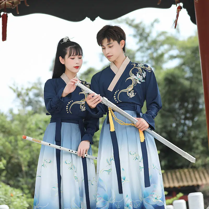 Двойката CP Hanfu в китайски стил, мъжки и дамски кръст бод на шията, комплект от две части с градиентным принтом, дрехи за студентски клас