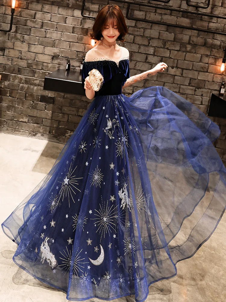 Плиссированное рокля за бала с звездното небе с тъмно синя рокля от велюровой мрежа в стил мозайка, Ципао с ръкав-пеперуда, предаде рокля с V-образно деколте