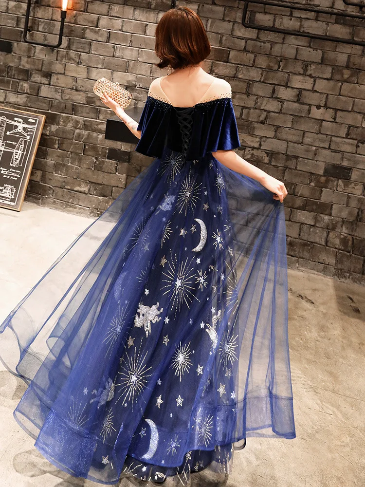 Плиссированное рокля за бала с звездното небе с тъмно синя рокля от велюровой мрежа в стил мозайка, Ципао с ръкав-пеперуда, предаде рокля с V-образно деколте