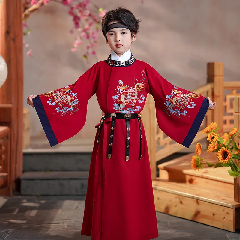 Старият студентски китайската традиционна носия с бродерия, пролетно-есенен костюм за момчета, ретро с костюм Hanfu, костюм за парти в стил Тен за рождения ден